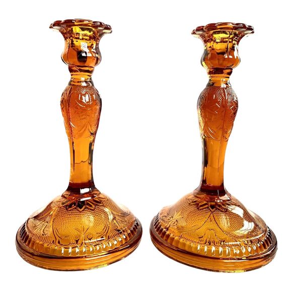 Indiana Glass Other - Vtg CandleSticks Tiara Amber Indiana Glass Sandwich1940 8.5"candle holder set 2